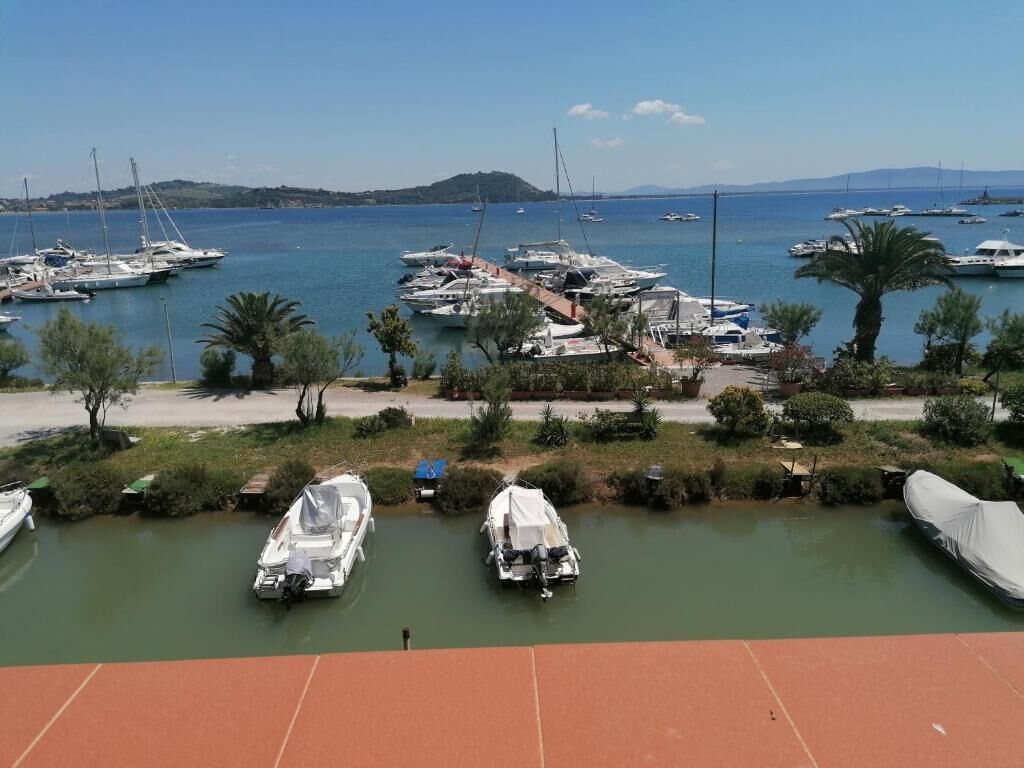 A marina with boats docked, surrounded by greenery and a clear sky.