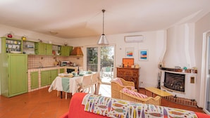 A spacious living area with a fireplace, dining table, and green cabinets. - The View of Talamone (Orbetello)