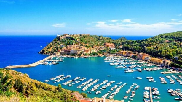 A coastal town with a marina filled with boats, historic buildings, and a castle on a hill.