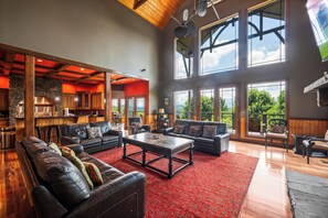 Smart TV, fireplace, foosball