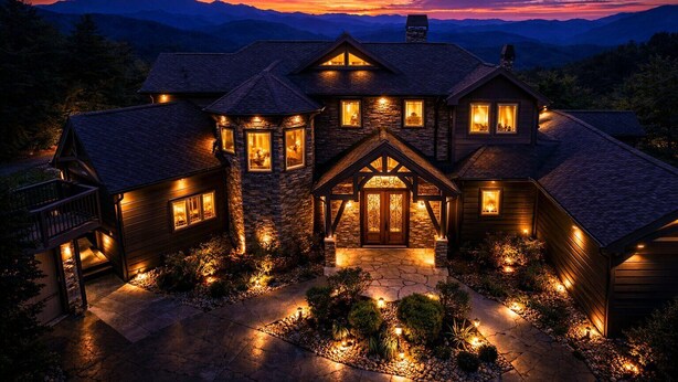 A large, multi-story house with a stone facade, multiple windows, and a well-lit entrance.