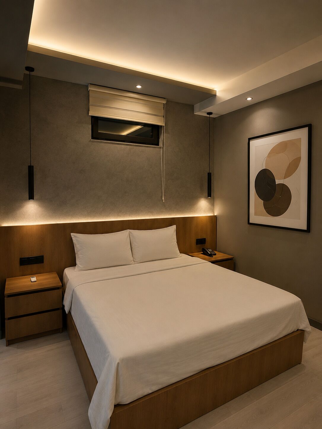 Un dormitorio moderno con una cama grande, mesitas de noche, una lámpara de pared y una lámpara del techo.