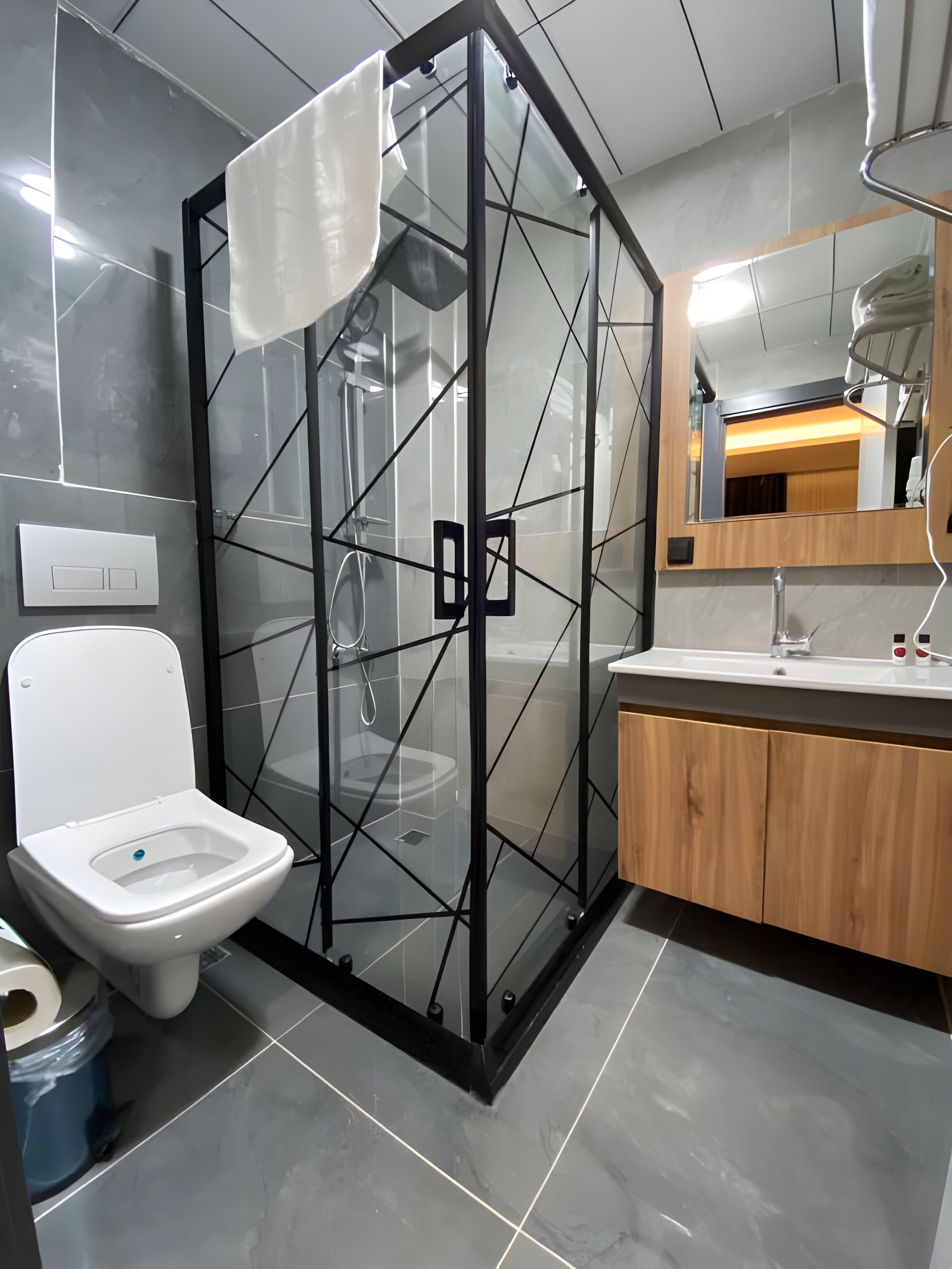 A modern bathroom with a glass-enclosed shower, a white toilet, and a wooden vanity with a mirror.