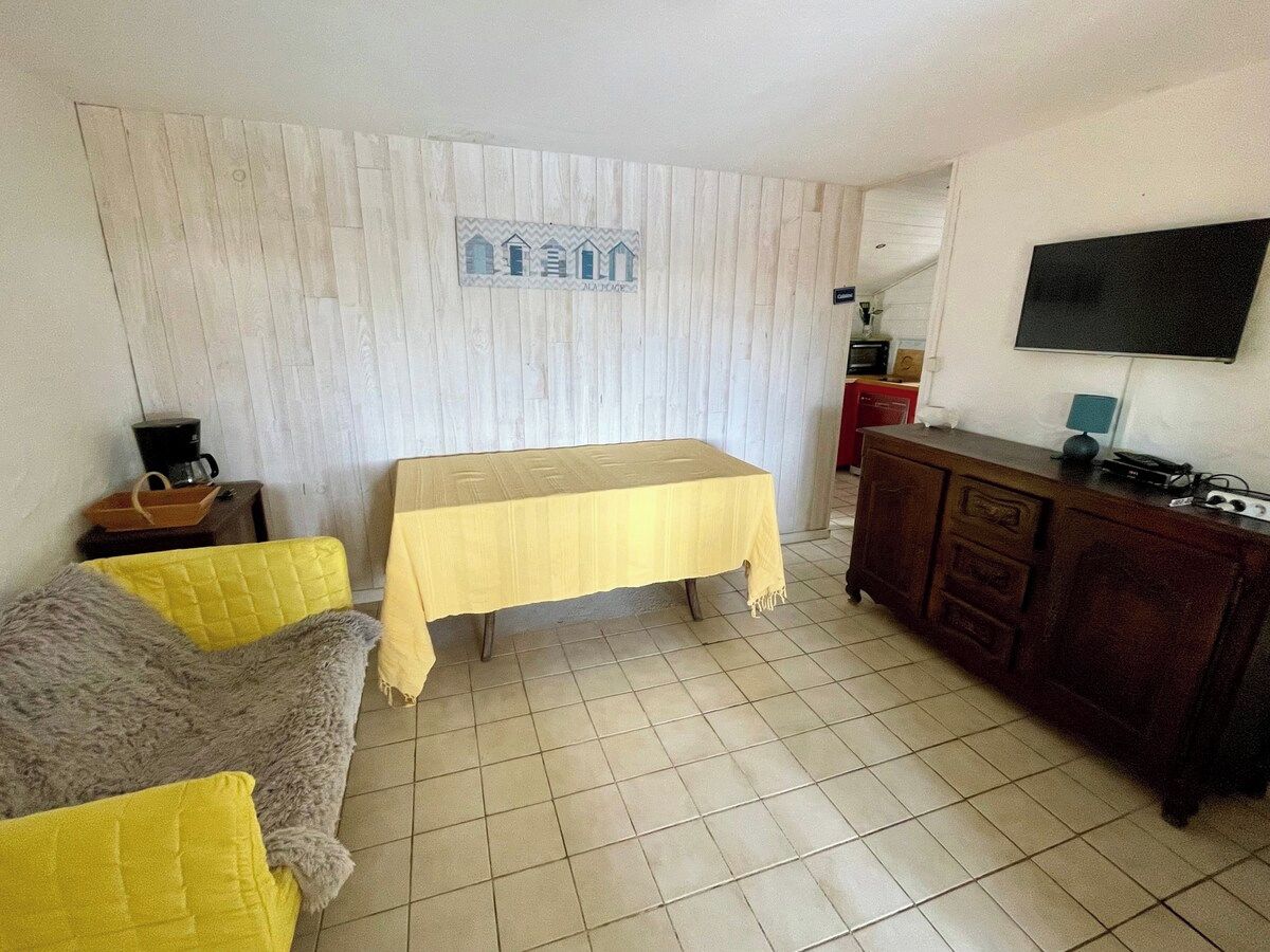 A room with a bed, a sofa, a table, a TV, and a cabinet.