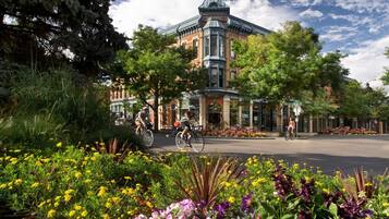 A historic building with a prominent tower, surrounded by a well-maintained garden with various flowers.