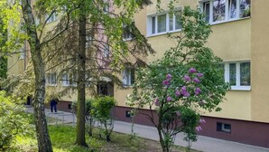 Un edificio con diverse finestre, un vialetto lastricato e un albero con fiori rosa.