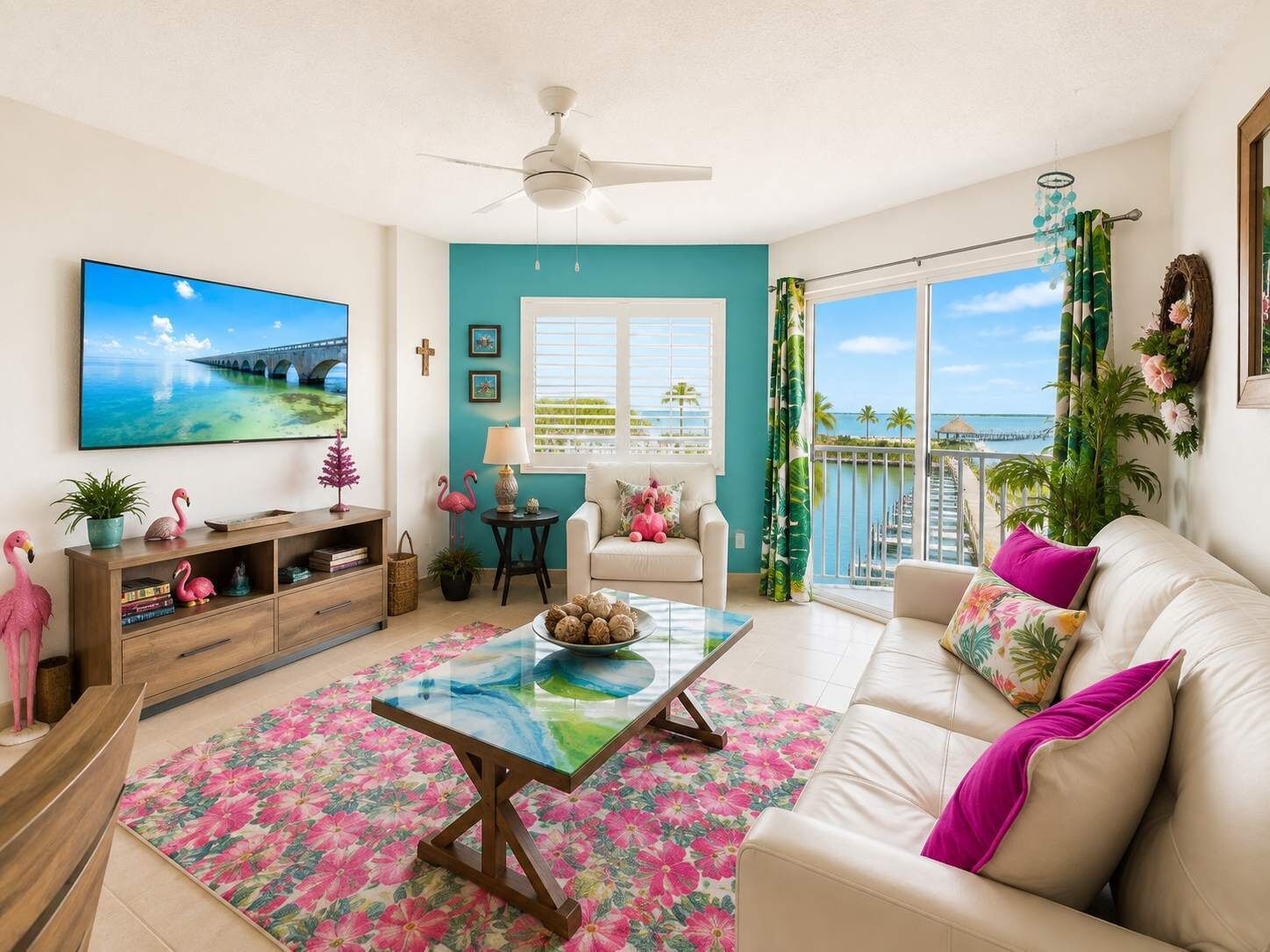 A living room with a TV, sofa, coffee table, and a view of the ocean.