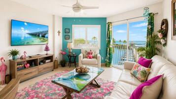 A living room with a TV, sofa, coffee table, and a view of the ocean.