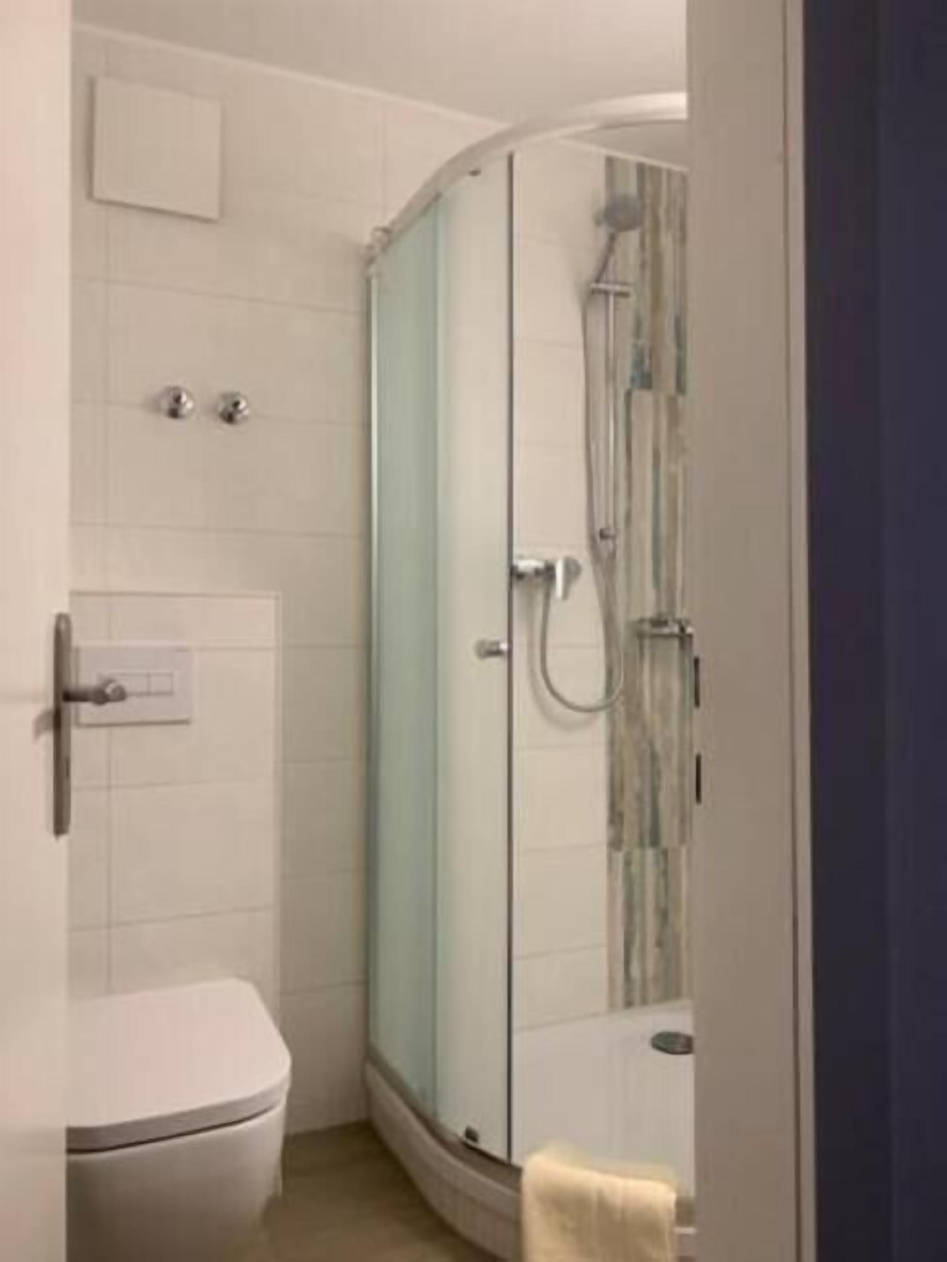 A bathroom with a toilet, a glass-enclosed shower, and a towel rack.