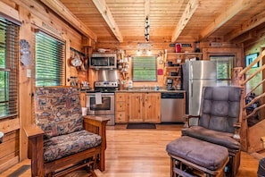 Interior de una cabaña con paredes de madera, una cocina con electrodomésticos modernos y dos sillones tapizados.