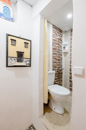 Shower, hair dryer, towels, shampoo