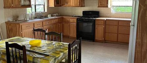 Fridge, oven, stovetop, electric kettle