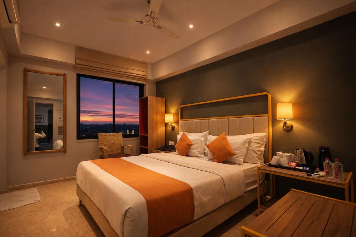 A modern hotel room with a large bed, a nightstand, a chair, and a view of the city at sunset.