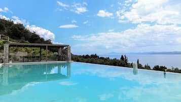 Outdoor pool, pool umbrellas, pool loungers