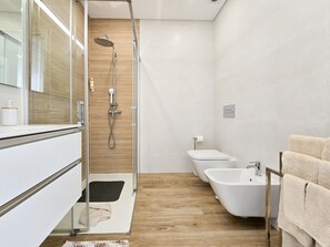 Shower, hair dryer, bidet, towels