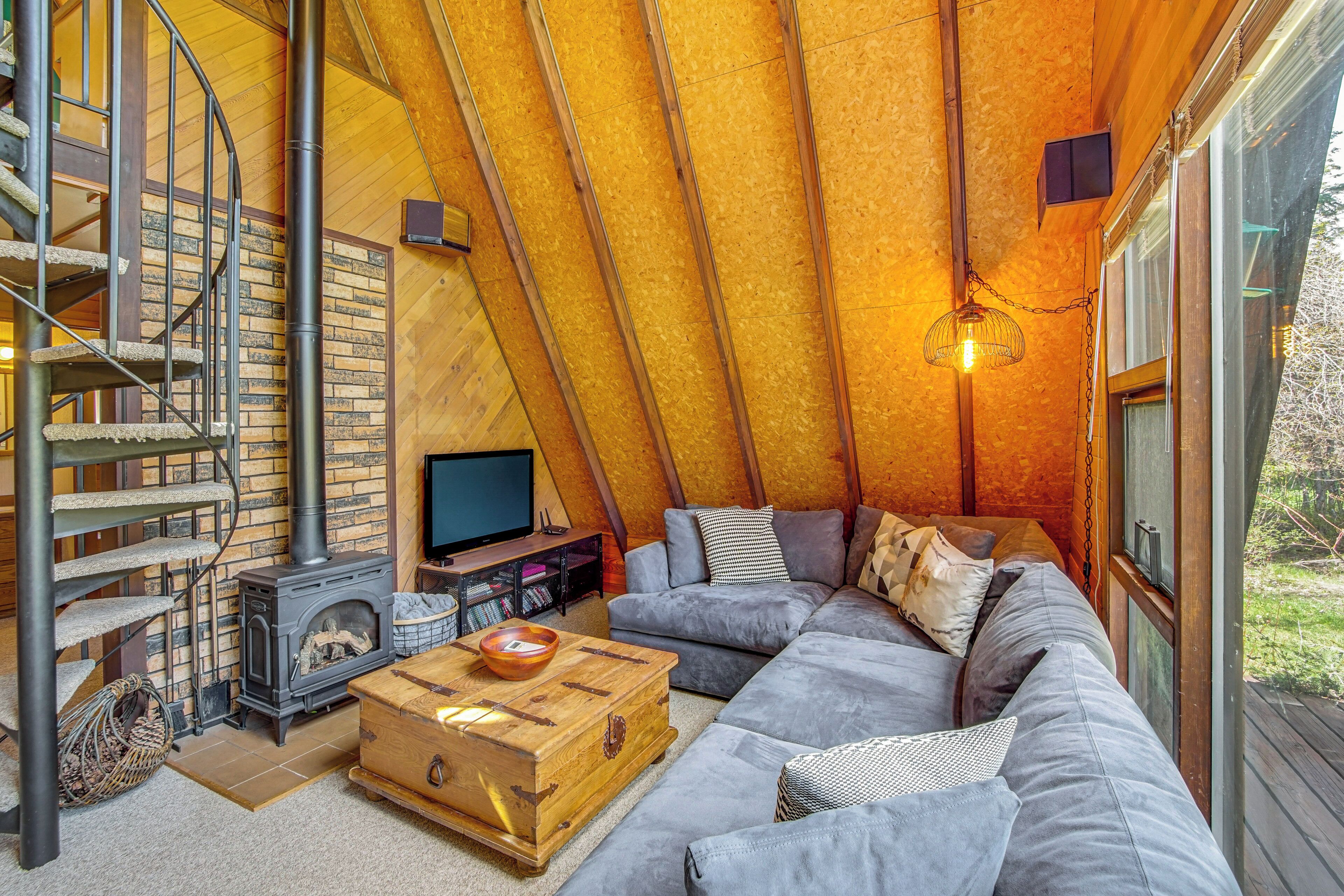 TV, fireplace, books