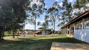 Un barrio residencial con varias casas, césped y árboles.