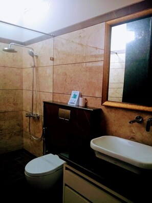 高級客房 | 浴室 | 淋浴設備、淋浴花灑、毛巾、肥皂