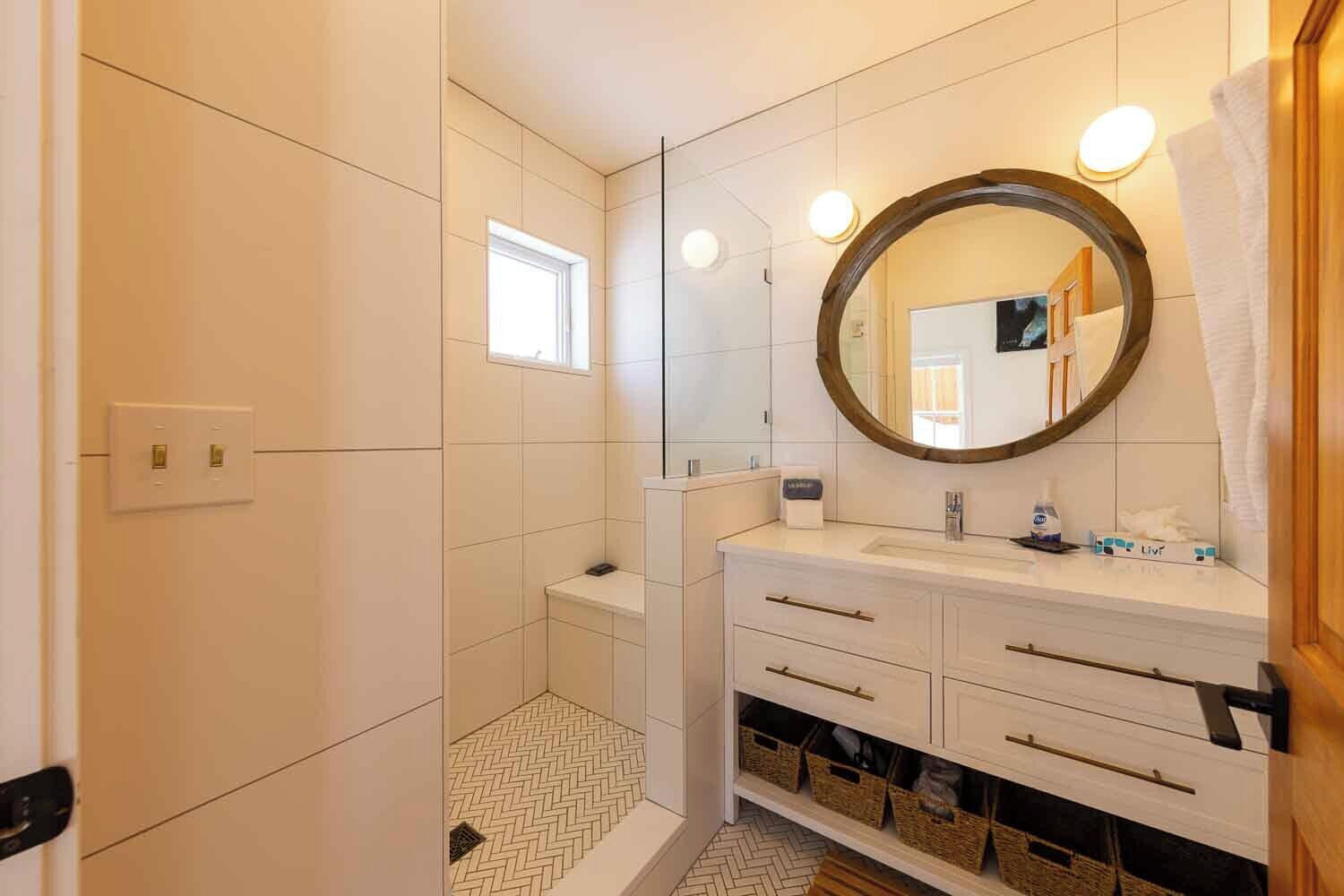 Hair dryer, towels, soap, shampoo