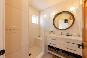 Hair dryer, towels, soap, shampoo