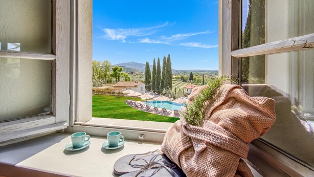 A window with a view of a swimming pool, green lawn, and tall trees. - Amazing Villa Chimera Green 10 Pool&Gym  (Arezzo)