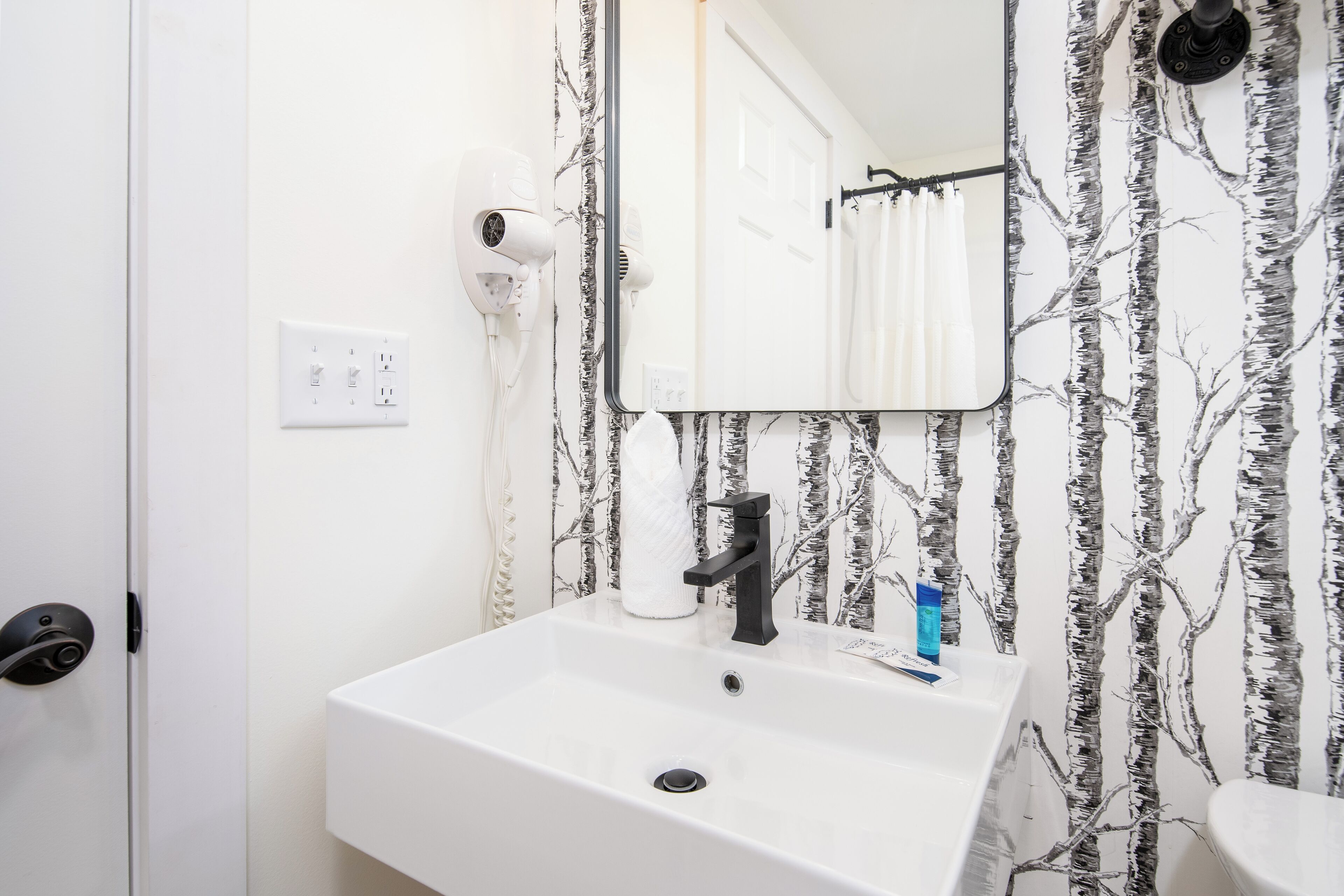 A bathroom with a white sink, black faucet, and a mirror above it. There is a tree-patterned wallpaper on the wall and a white door with a black handle.