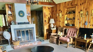 Una sala de estar acogedora con chimenea, paredes de madera, televisor y un espacio de descanso confortable.