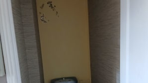 A small bathroom with a toilet, a trash can, and a toilet paper roll.