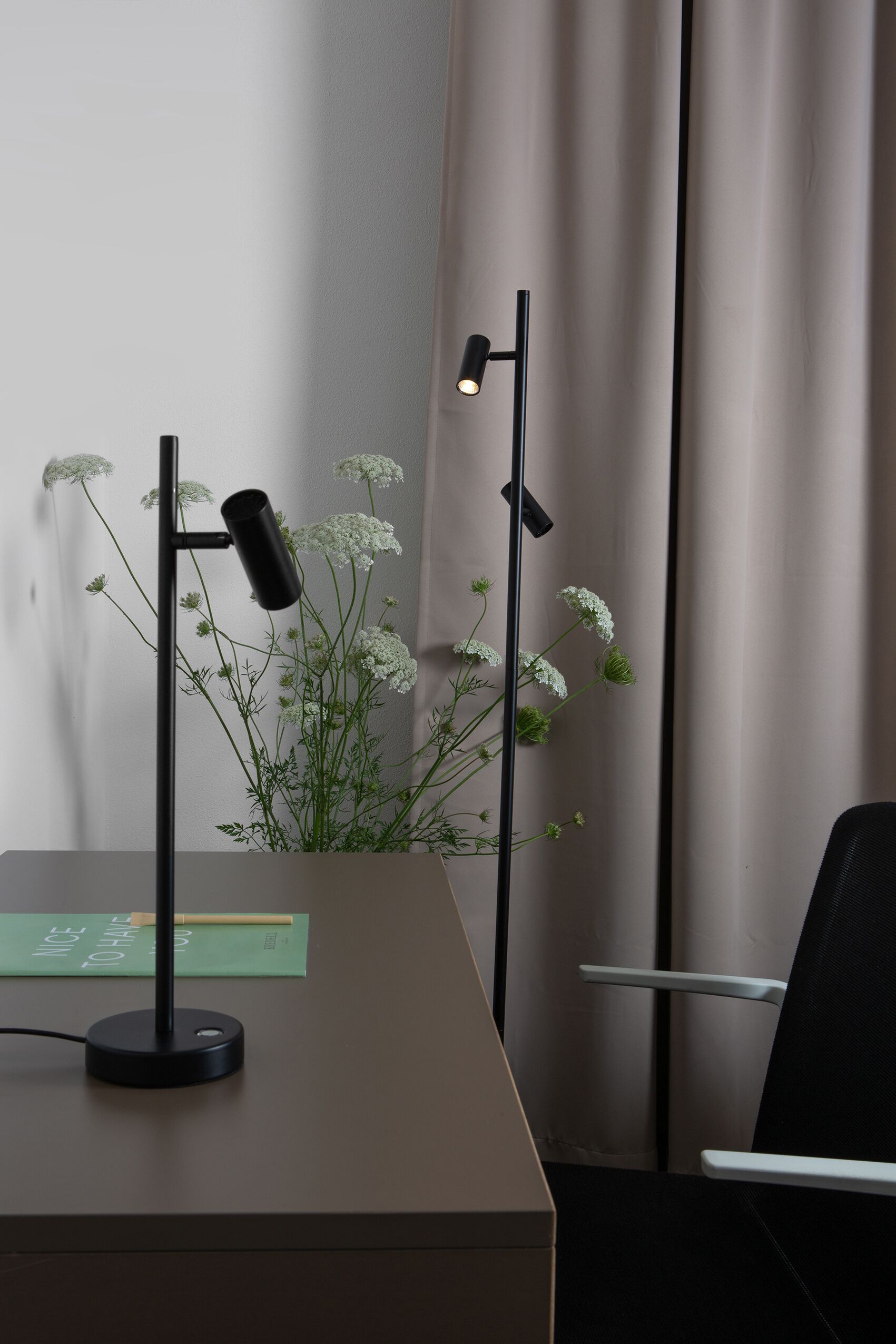 A modern office desk with two floor lamps, a potted plant, and a chair.