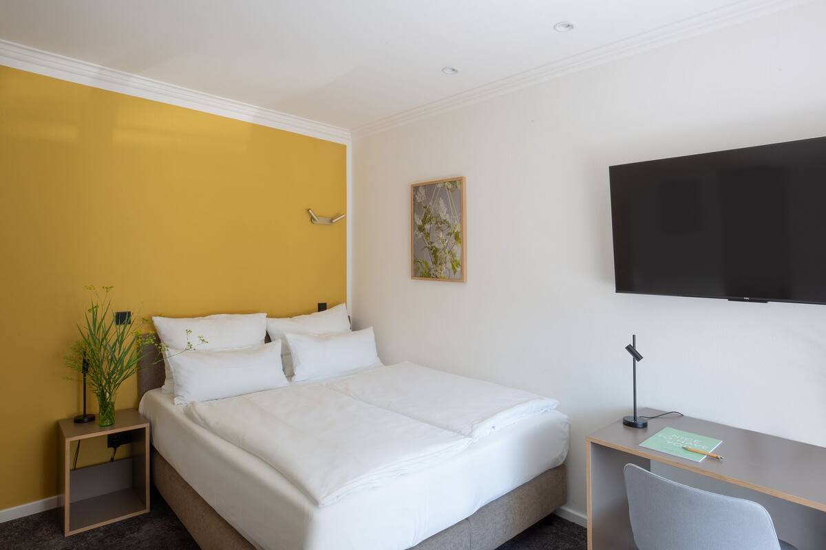 A hotel room with a bed, a desk, a chair, a TV, and a small plant on a nightstand.