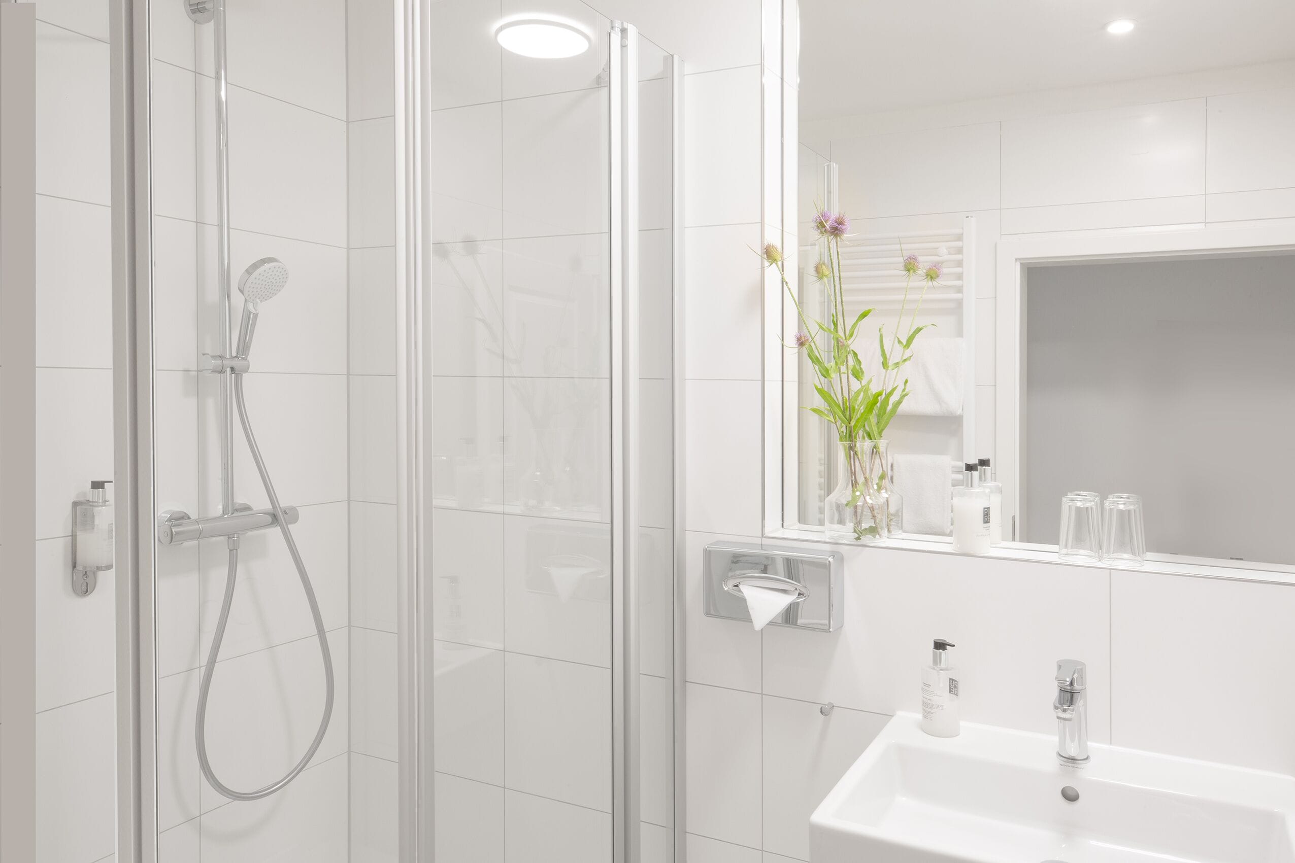 A modern bathroom with a glass-enclosed shower, a white sink, and a mirror above it.