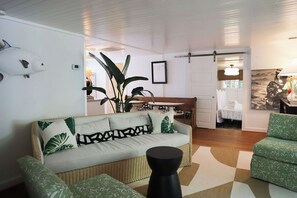 Smart TV, fireplace, books, music library