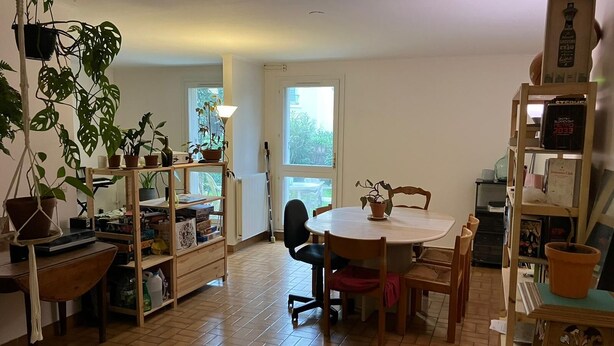 A cozy living room with a round dining table, chairs, and a bookshelf. There are potted plants on shelves and a radiator near the window.