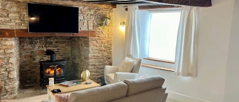 Smart-tv, eldstad och böcker