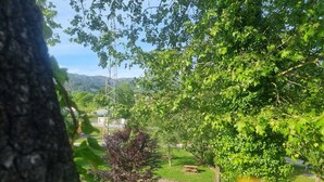 Um parque com uma mesa de piquenique, uma árvore e um muro de pedra.