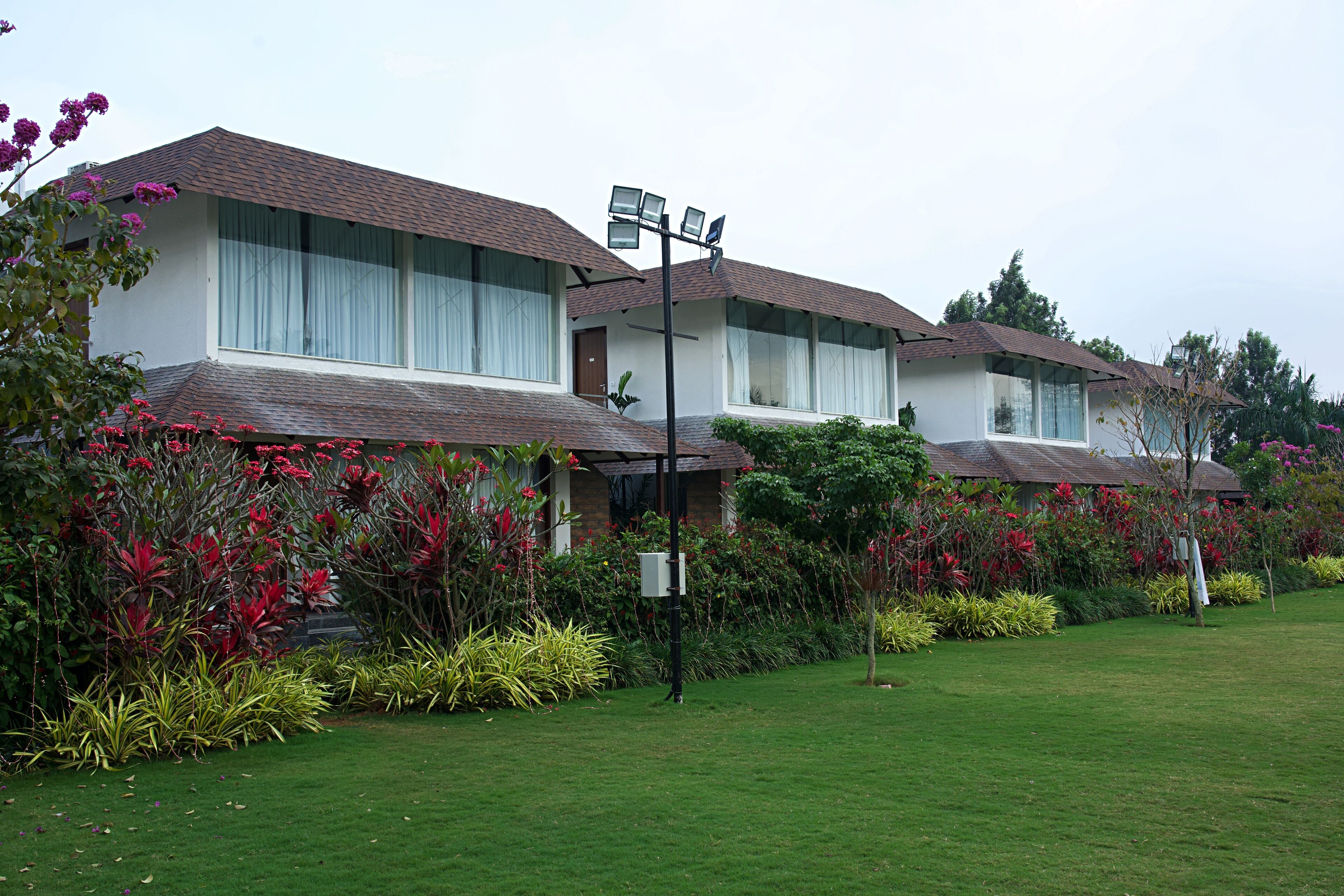 A row of modern two-story houses with large windows, surrounded by well-maintained gardens and a clear sky.