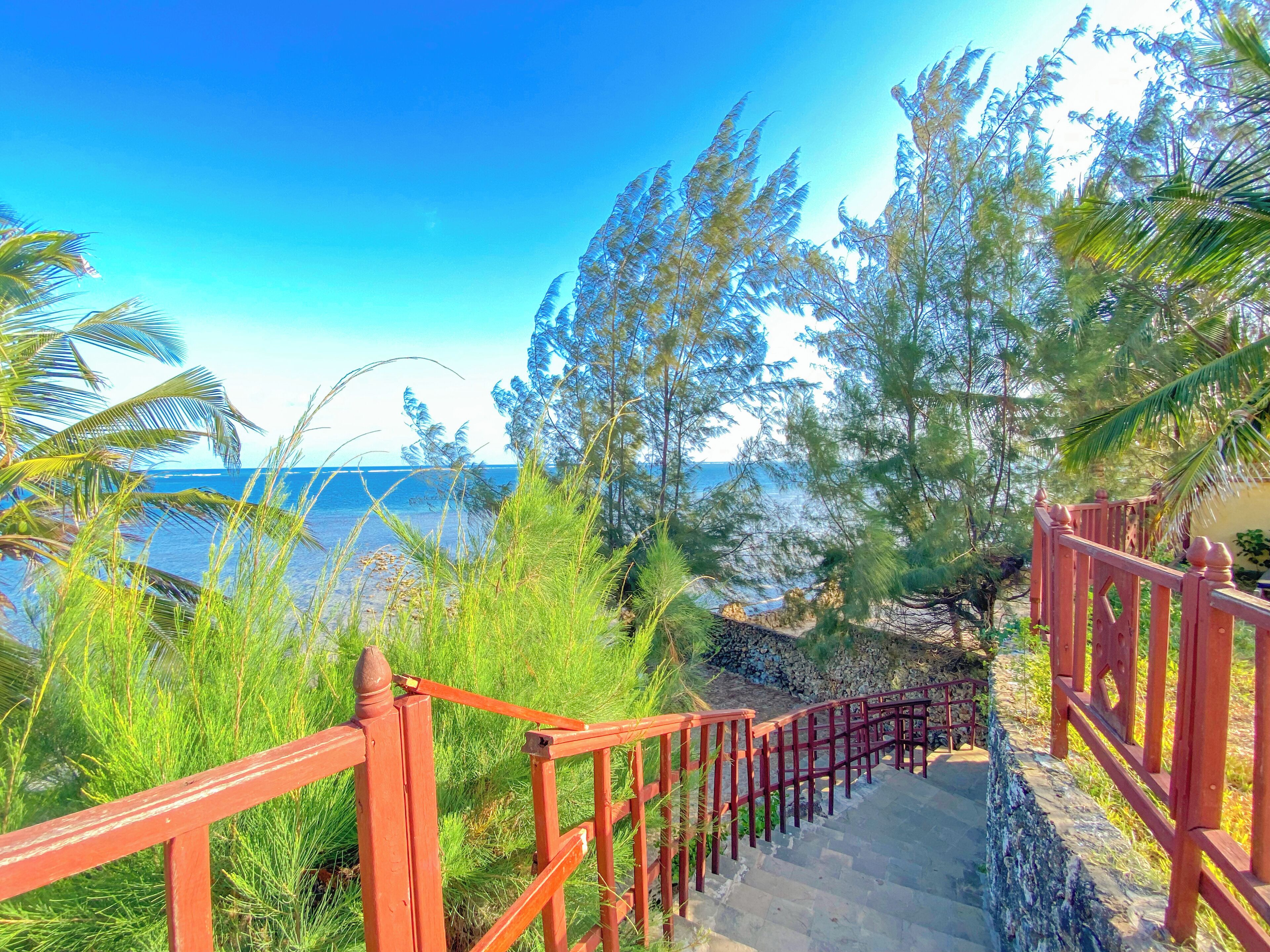 A staircase with red railings leading to a beach area with palm trees and ocean views.