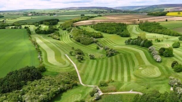 An aerial view of a golf course with rolling green hills, trees, and a winding path. - Cosy Country Cottage Sleeps 4 (Kirkbymoorside)