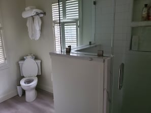 Douche, sĂšche-cheveux, serviettes fournies, savon