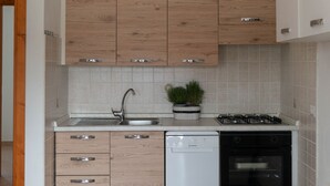 Une cuisine moderne avec des meubles en bois, un évier en acier inoxydable, un lave-vaisselle, une cuisinière et une plante en pot.