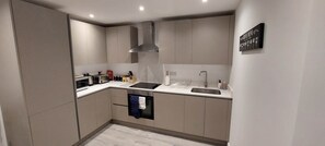 Apartamento básico | Cocina privada | Frigorífico grande, microondas, horno y placa de cocina