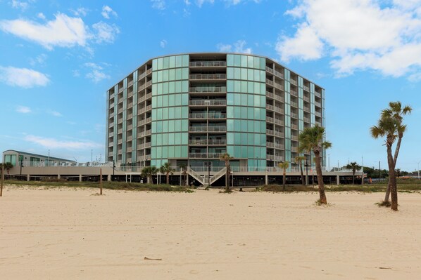 Un hôtel à plusieurs étages, doté d’une façade incurvée, situé juste à côté d’une plage de sable bordée de palmiers.