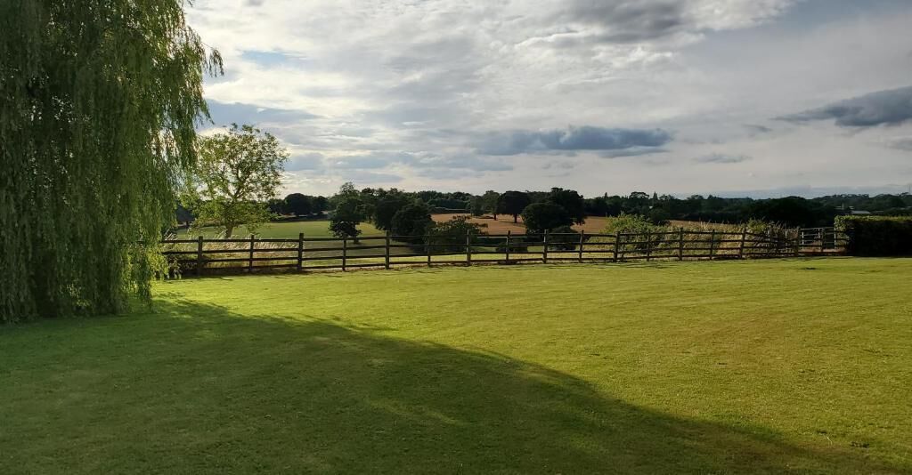 A grassy field with a wooden fence and trees in the background.