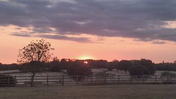A sunset over a rural landscape with a fence and trees.