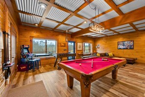 A wooden interior with a pool table, foosball table, and a billiards table. - Sleeps 20 Indoor Pool  Hot Tub  Fall Foliage  Wheelchair Access  Hocking Hills (McArthur)