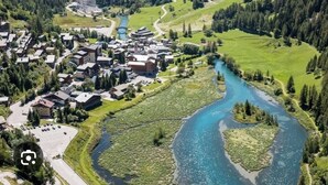 Oversigtsbillede af et resort med bygninger, en flod og skov i baggrunden.