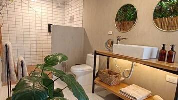 Hair dryer, towels, soap, shampoo