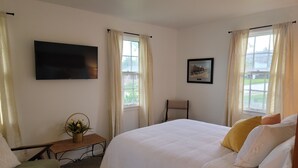 A bedroom with a bed, a chair, a small table with a plant, a TV, and a window with curtains.