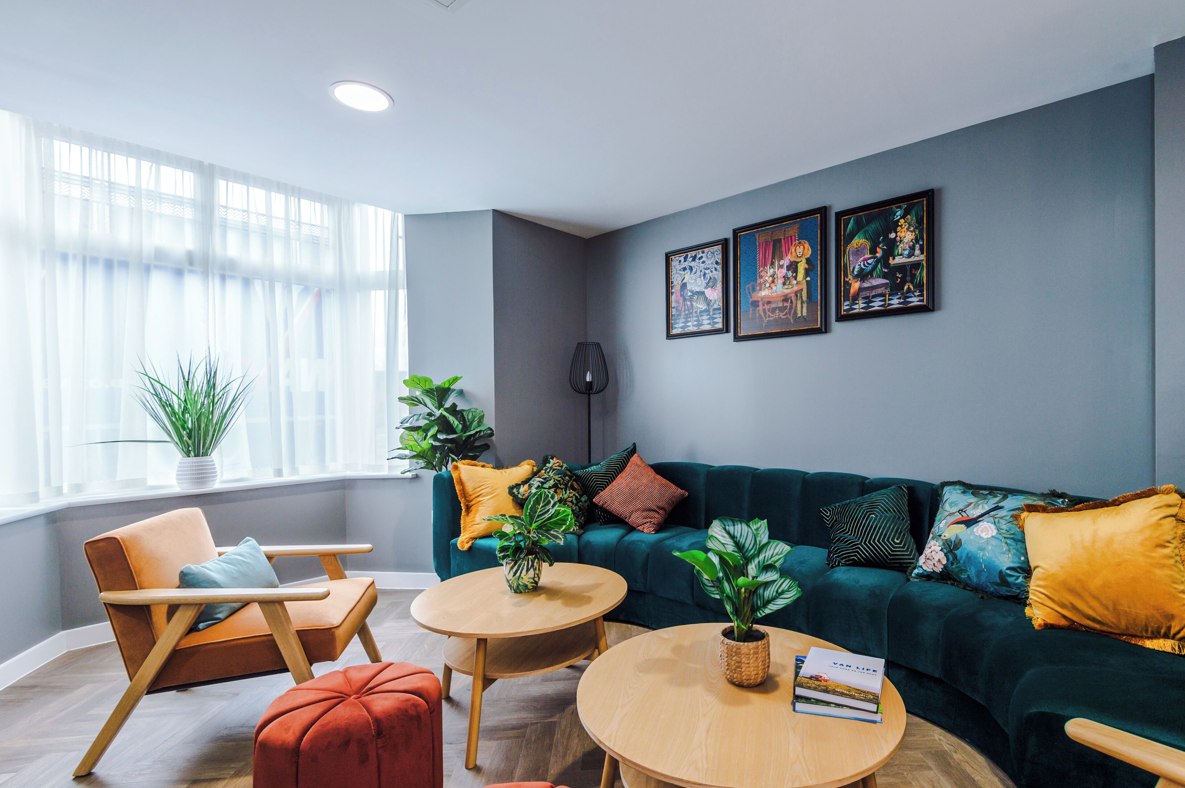 A modern living room with a teal sofa, orange armchair, and round wooden tables. There are potted plants and framed artwork on the walls.