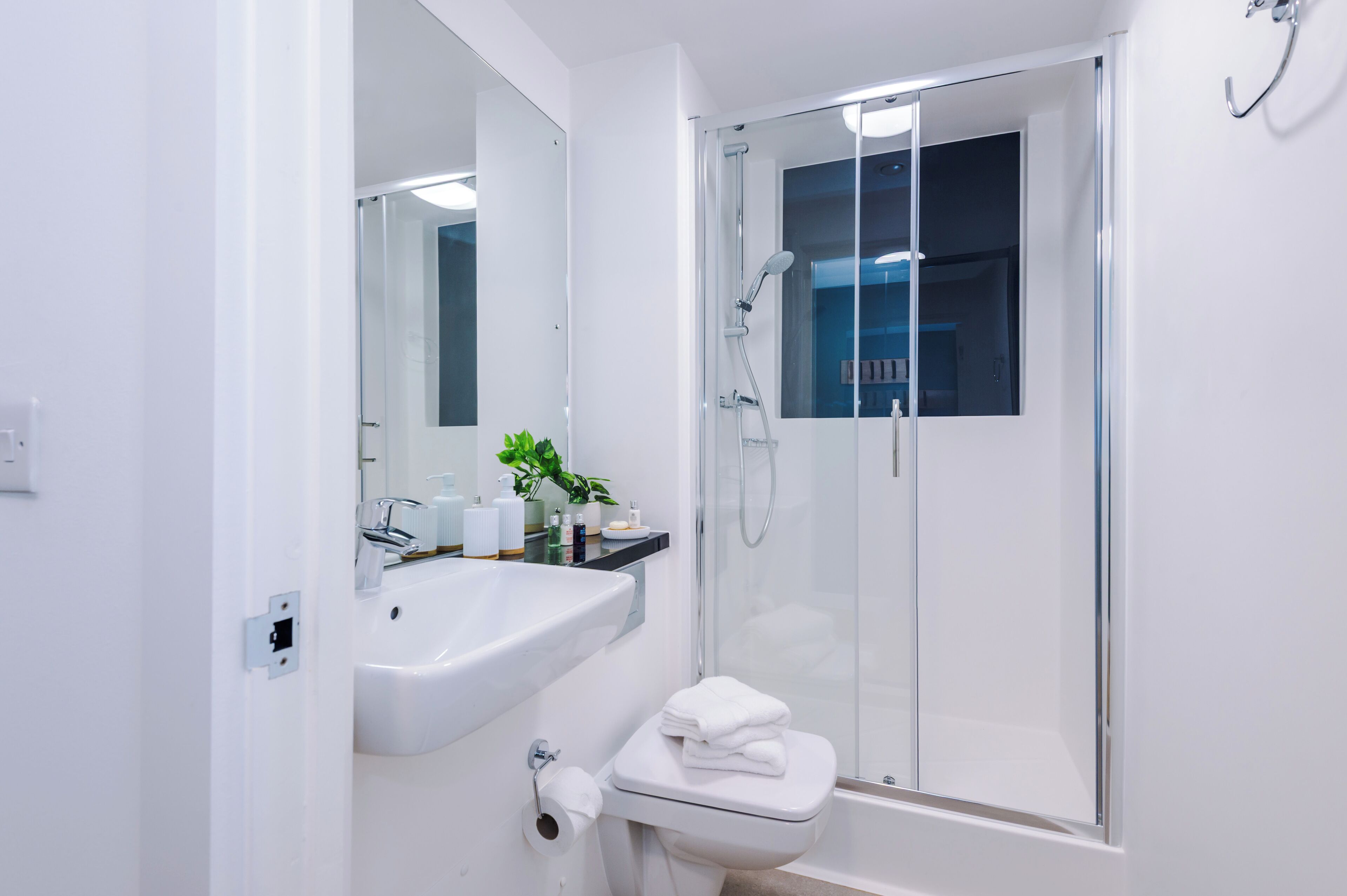 Un baño moderno con ducha envuelta en cristal, un lavabo blanco y un inodoro.